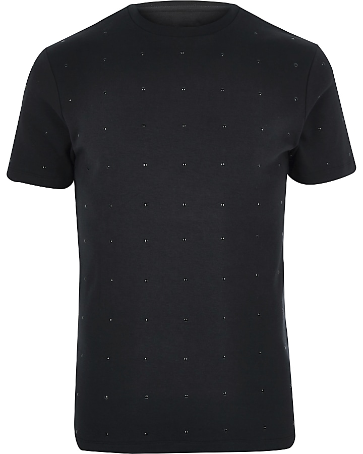 Black studded slim fit crew neck T-shirt