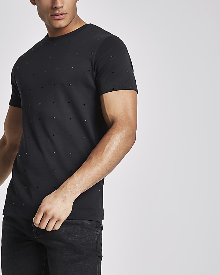 Black studded slim fit crew neck T-shirt