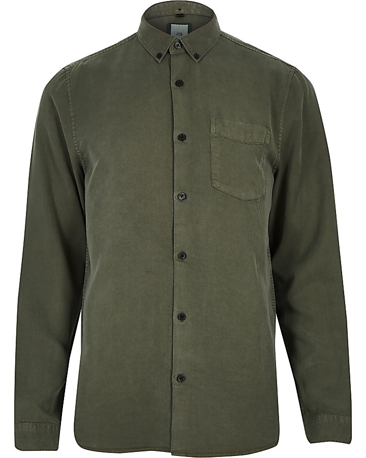 Khaki green button-down long sleeve shirt