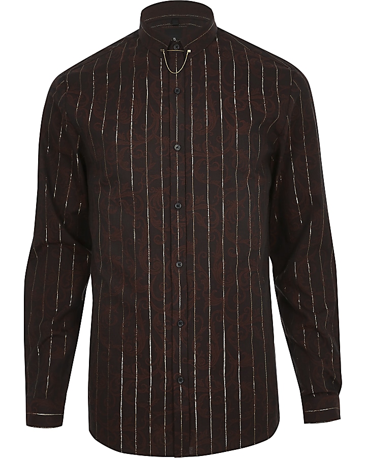 Brown jacquard metallic stripe shirt