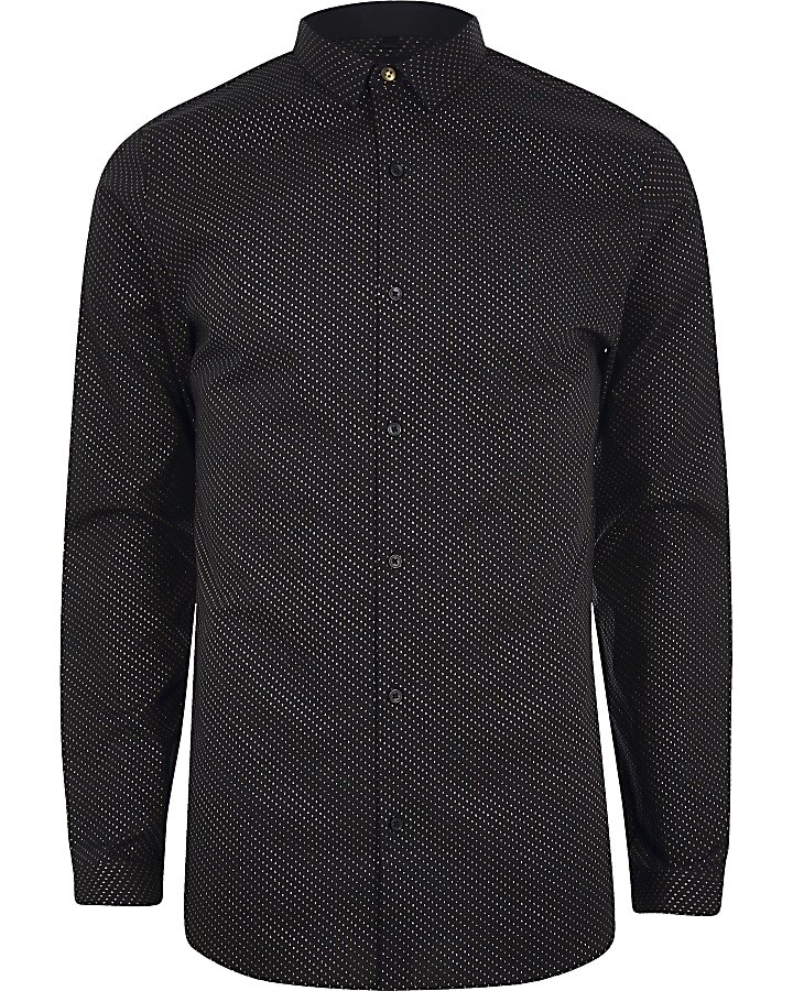Black glitter spot print button-down shirt