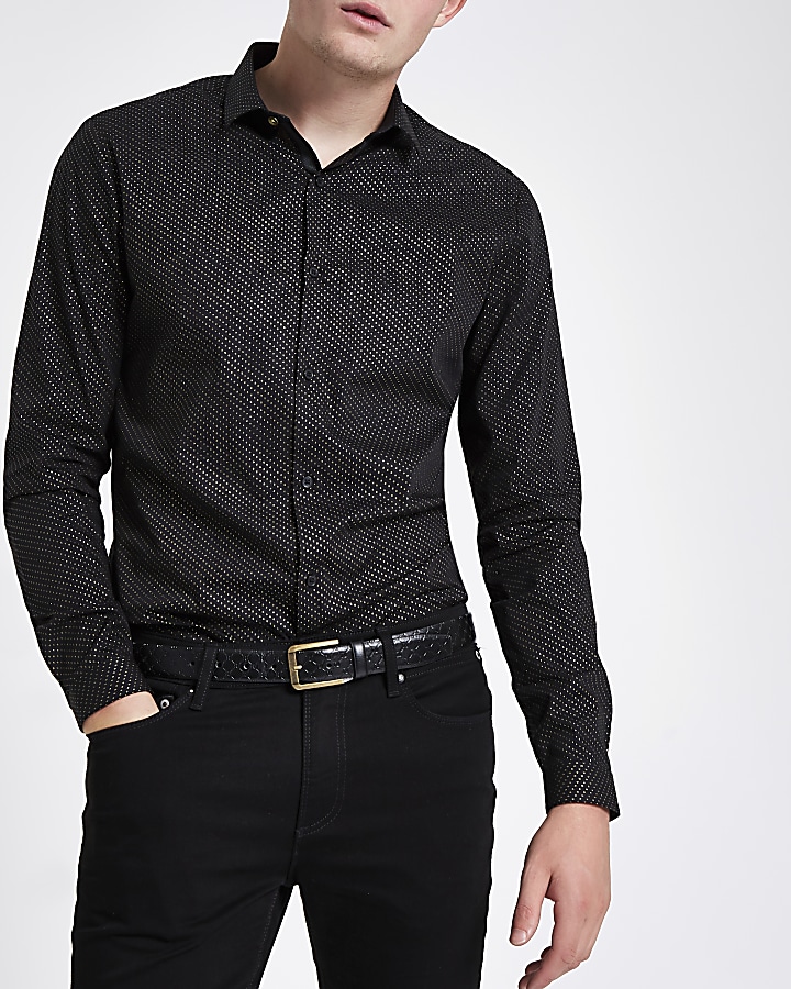 Black glitter spot print button-down shirt