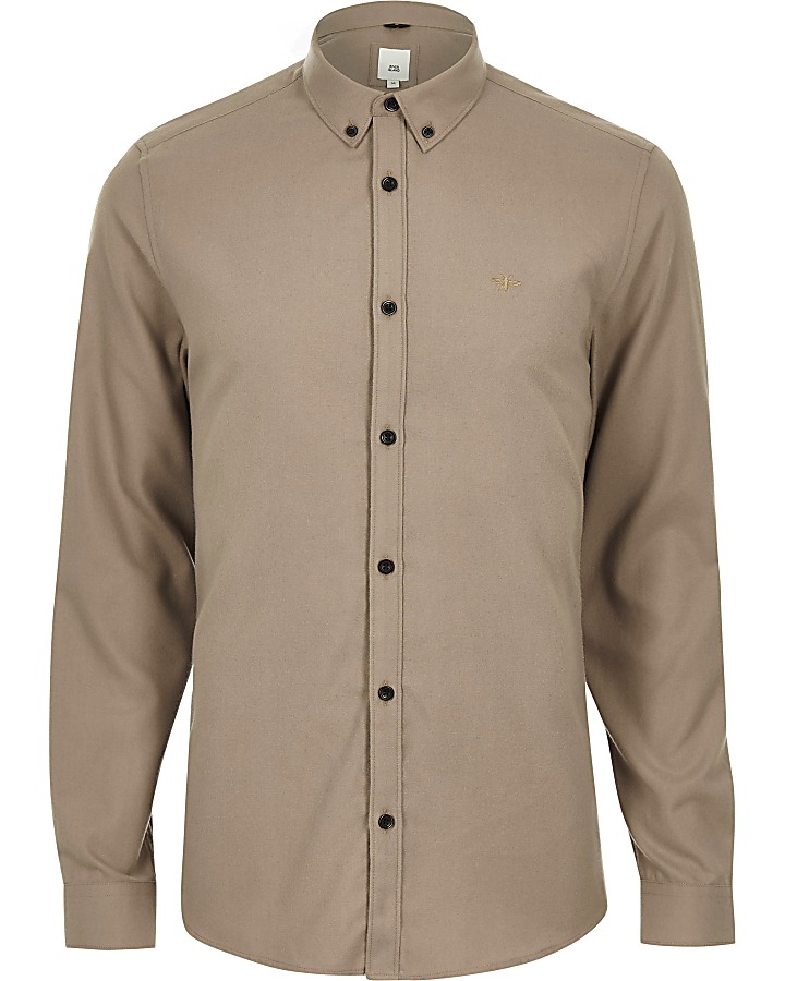 Stone flannel plain long sleeve shirt