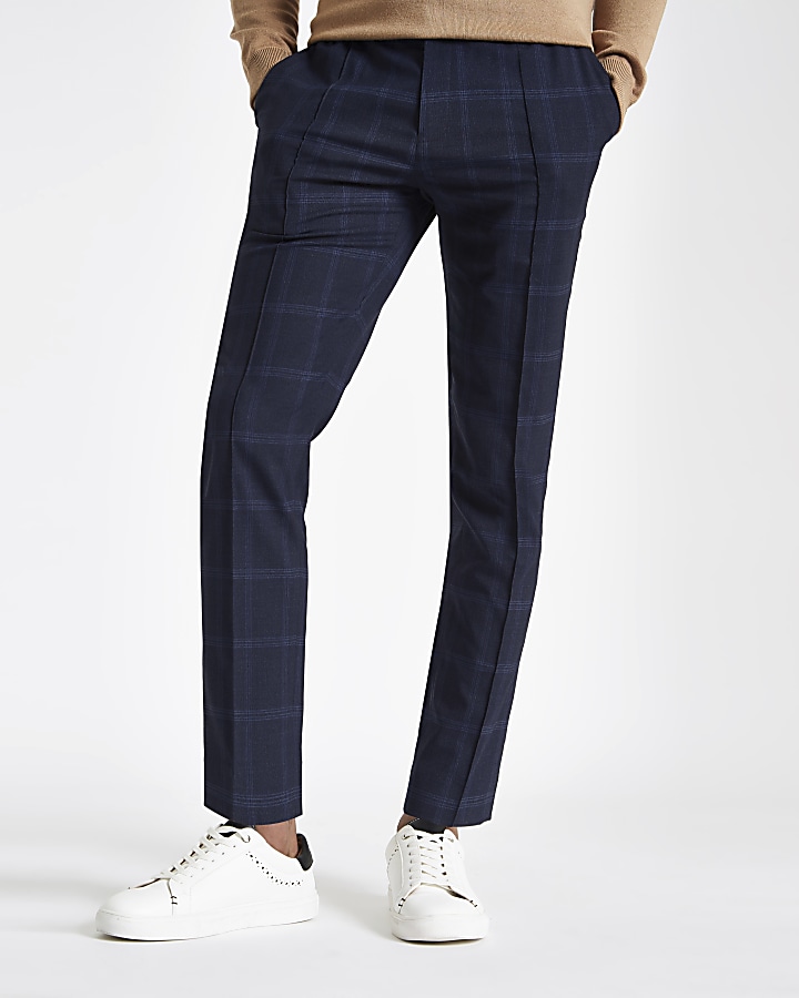 Navy check skinny smart jogger trousers