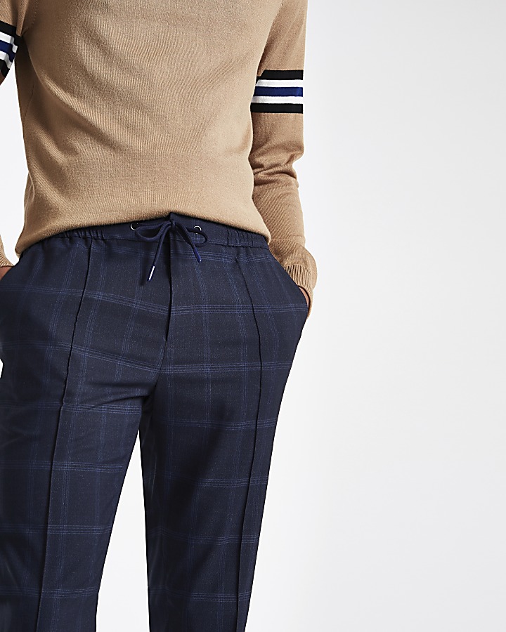 Navy check skinny smart jogger trousers