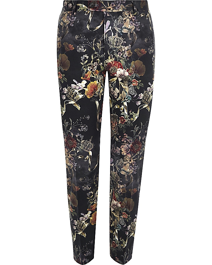 Black floral skinny cropped smart trousers