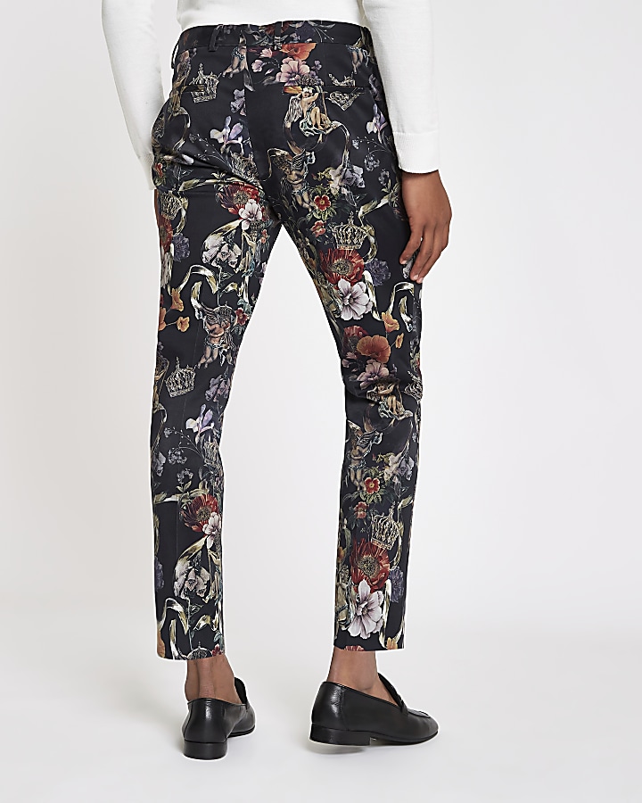Black floral skinny cropped smart trousers