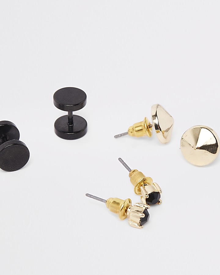 Black gold tone plug earrings multipack