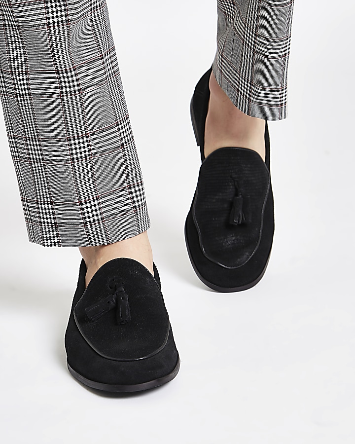 Black textured suede tassel loafers