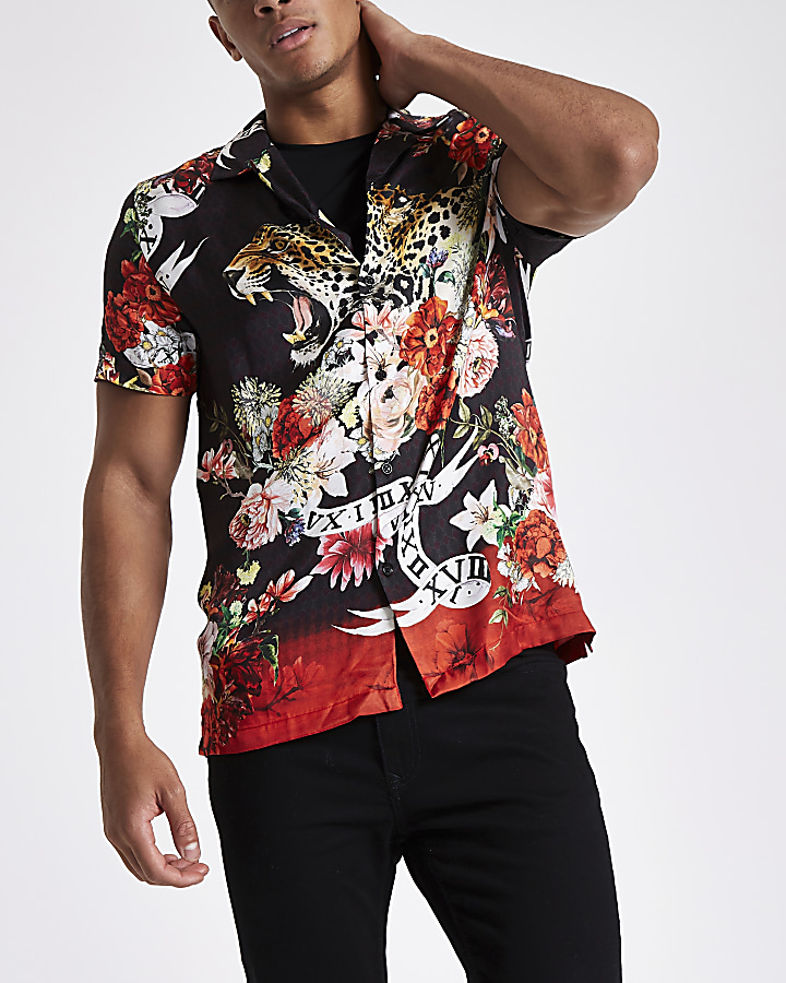 Black floral and animal print revere shirt
