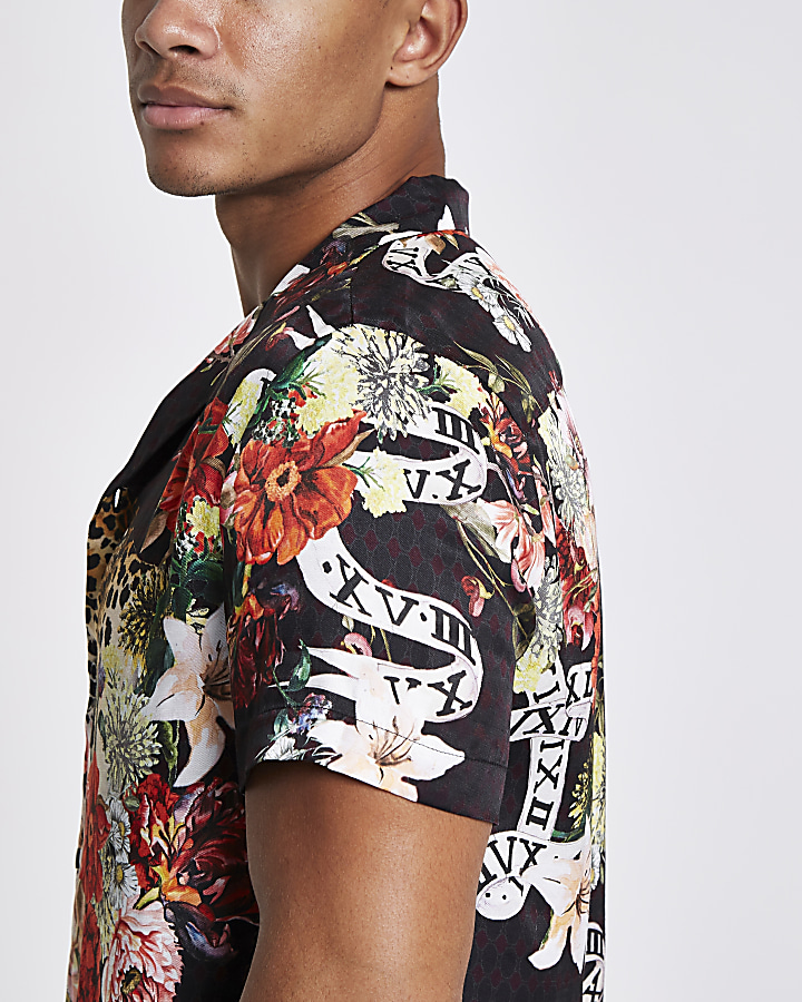 Black floral and animal print revere shirt