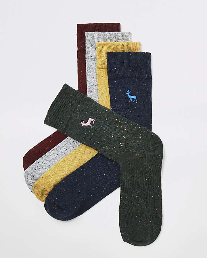 Black stag embroidered socks multipack