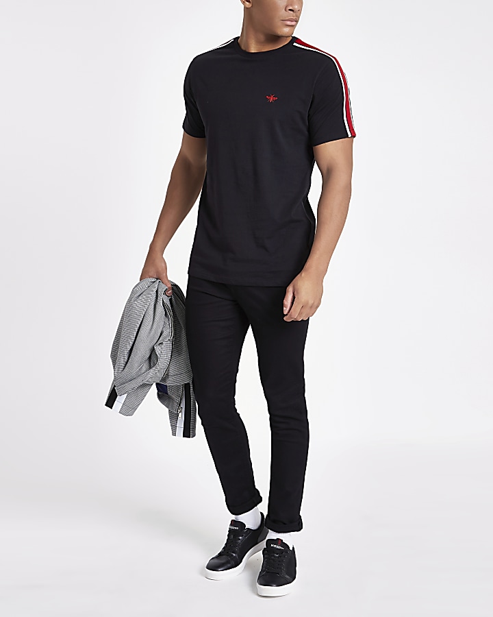 Black slim fit tape wasp embroidery T-shirt