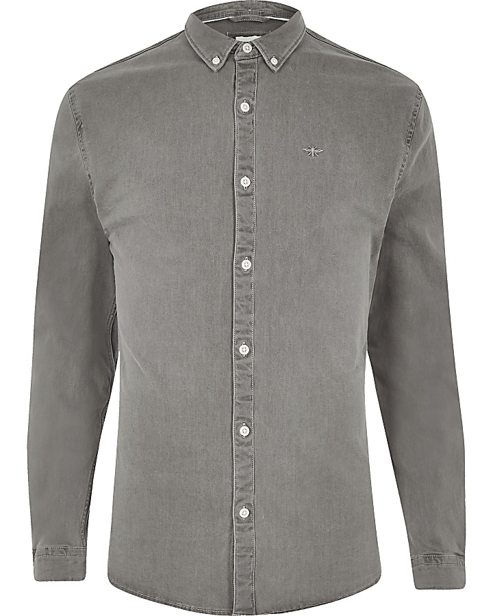 Grey muscle fit denim wasp embroidered shirt