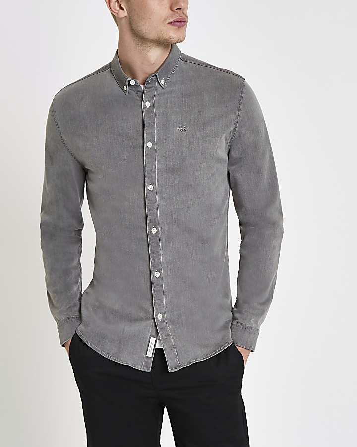 Grey muscle fit denim wasp embroidered shirt