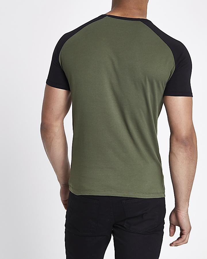 Dark green muscle fit contrast T-shirt