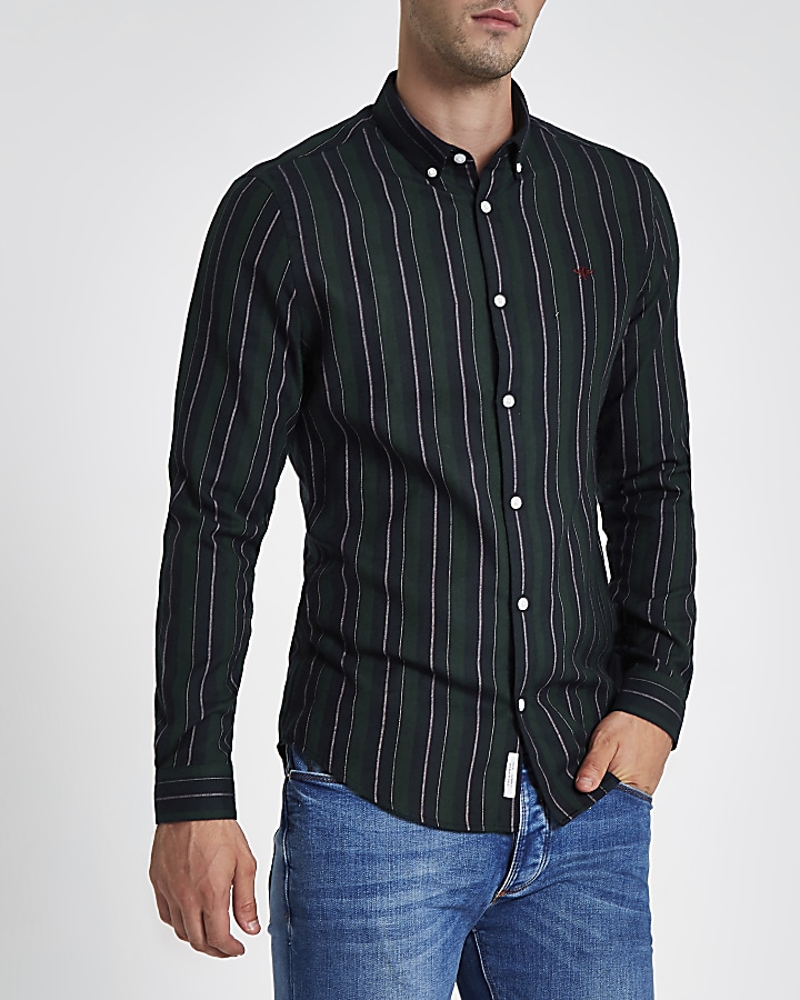 Dark green mixed stripe slim fit shirt