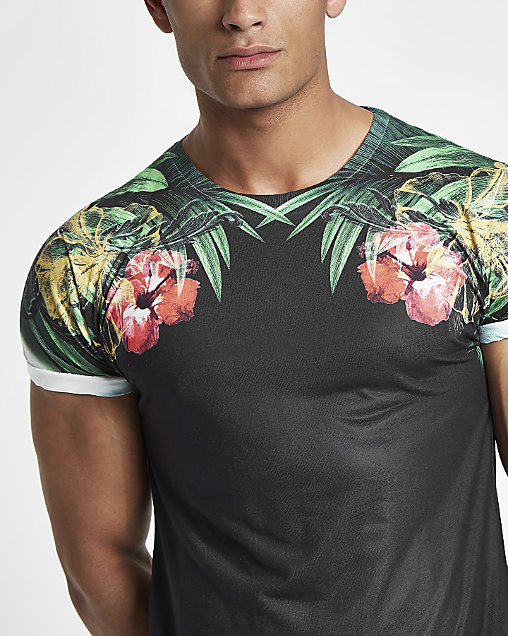 Black floral shoulder print slim fit T-shirt