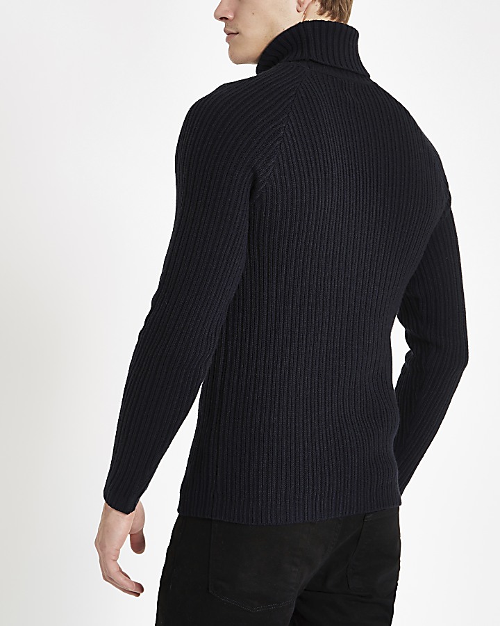 Navy muscle fit rib roll neck jumper
