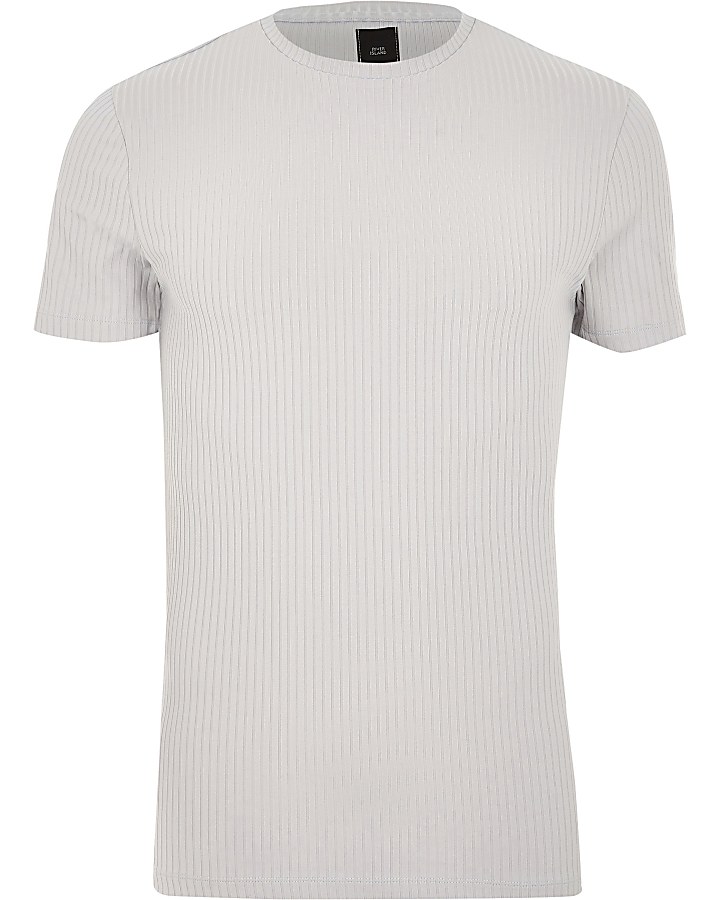 Light grey ribbed muscle fit T-shirt