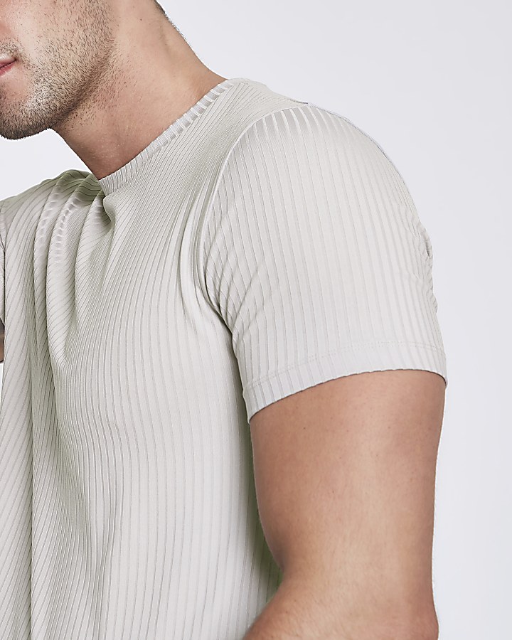 Light grey ribbed muscle fit T-shirt