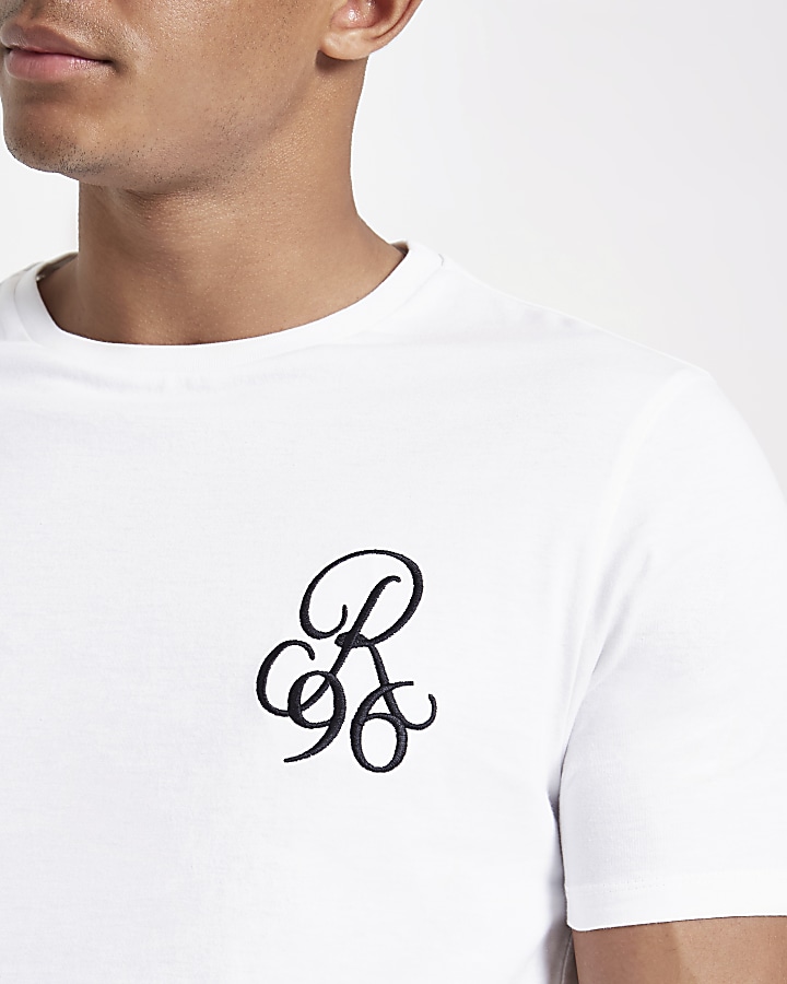 White embroidered slim fit crew neck T-shirt