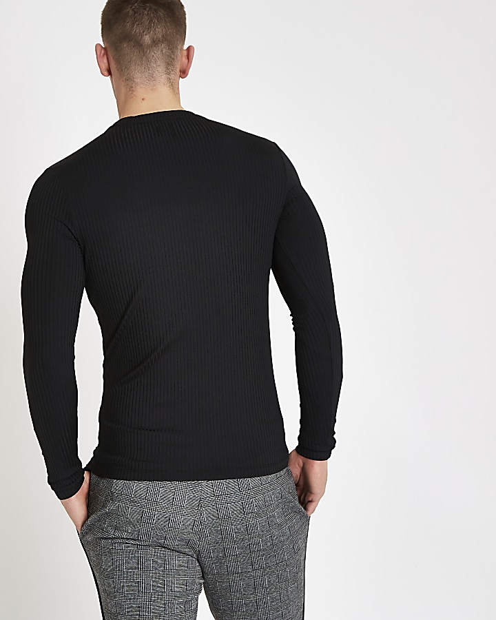 Black ribbed crew neck long sleeve top