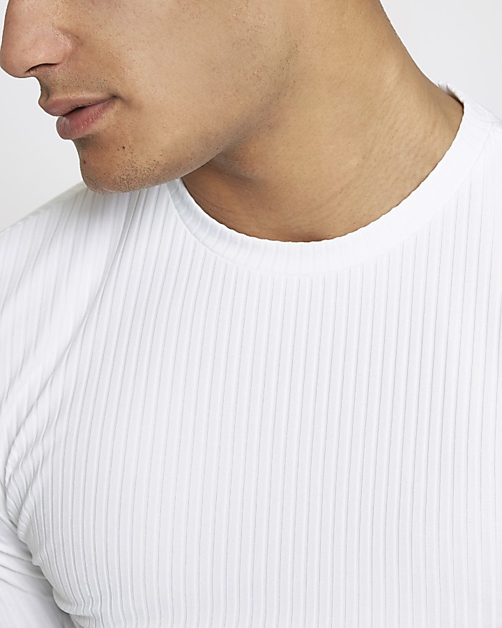 White ribbed crew neck long sleeve top