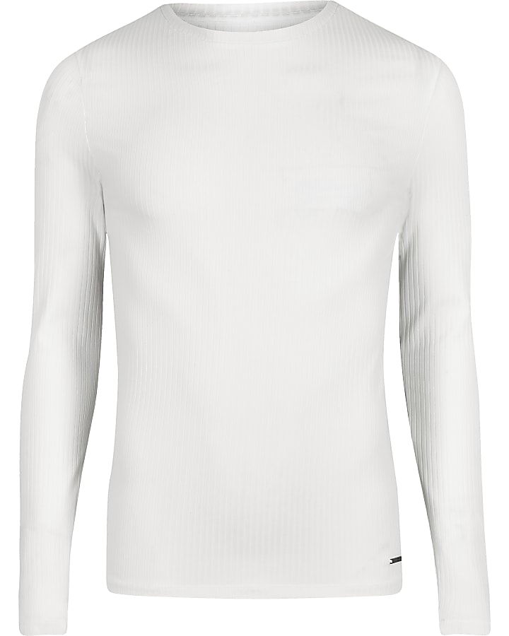 White ribbed crew neck long sleeve top