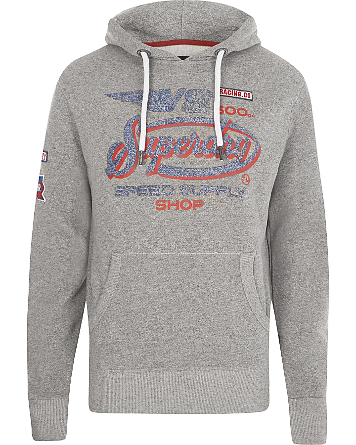 Superdry grey logo print hoodie