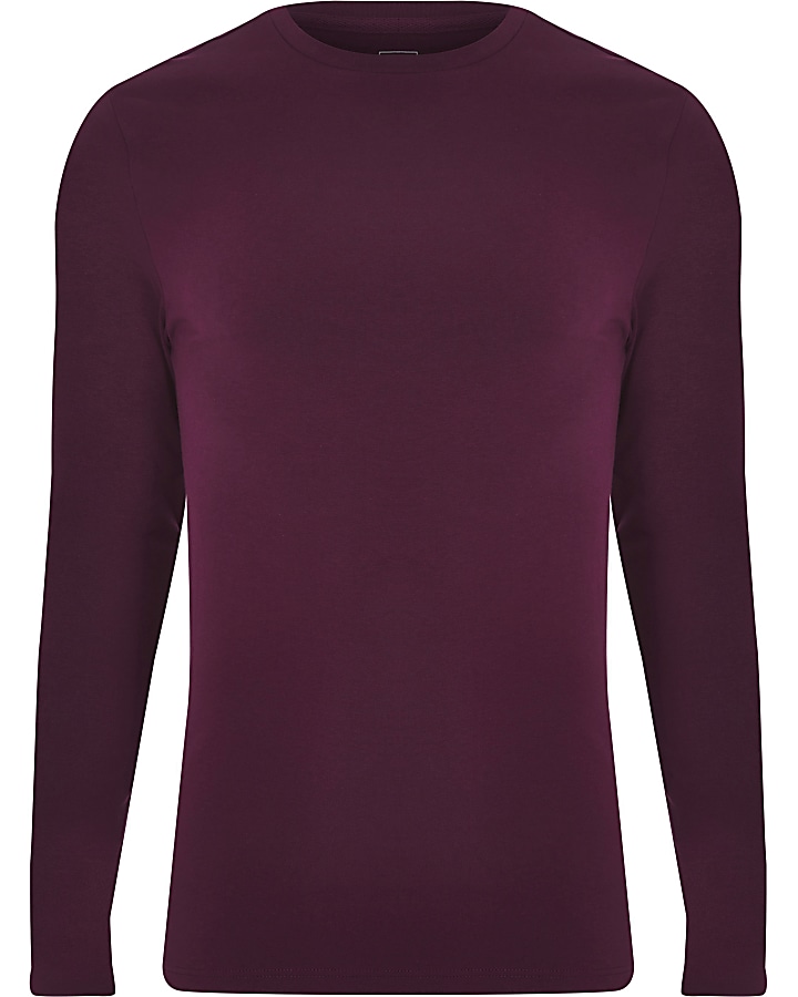 Dark red muscle fit long sleeve T-shirt
