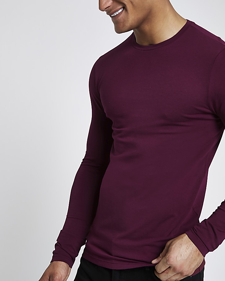 Dark red muscle fit long sleeve T-shirt