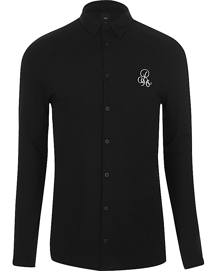 Black R96 pique muscle fit long sleeve shirt
