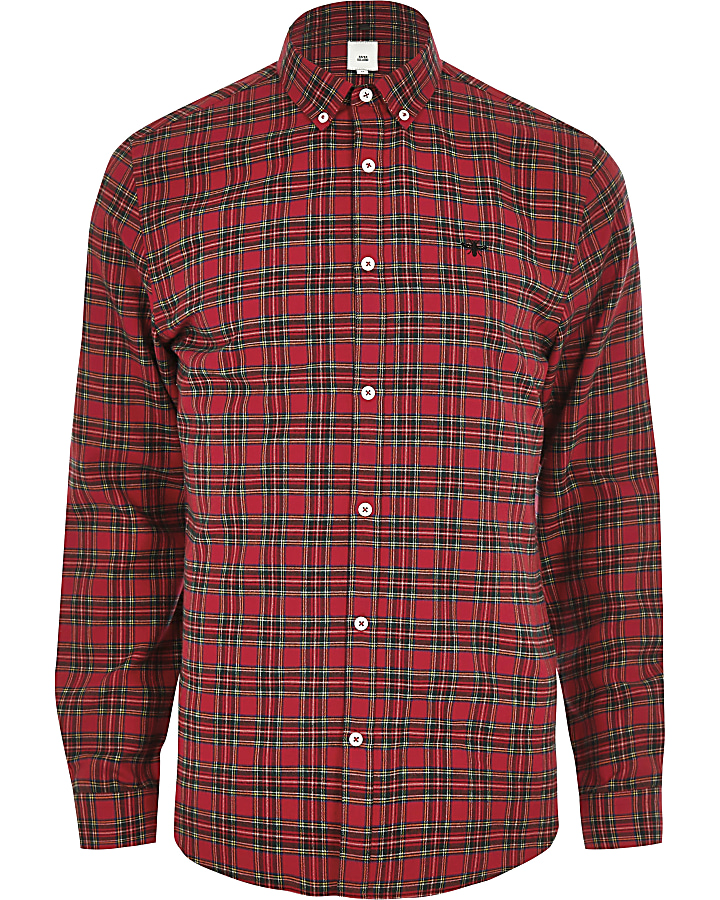 Red tartan wasp embroidered long sleeve shirt