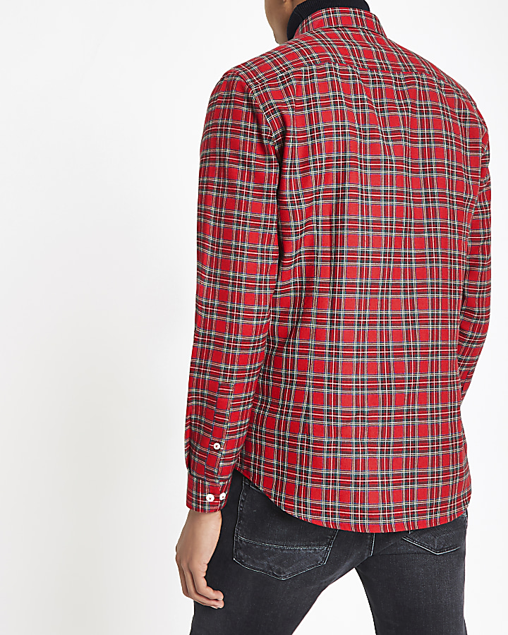 Red tartan wasp embroidered long sleeve shirt