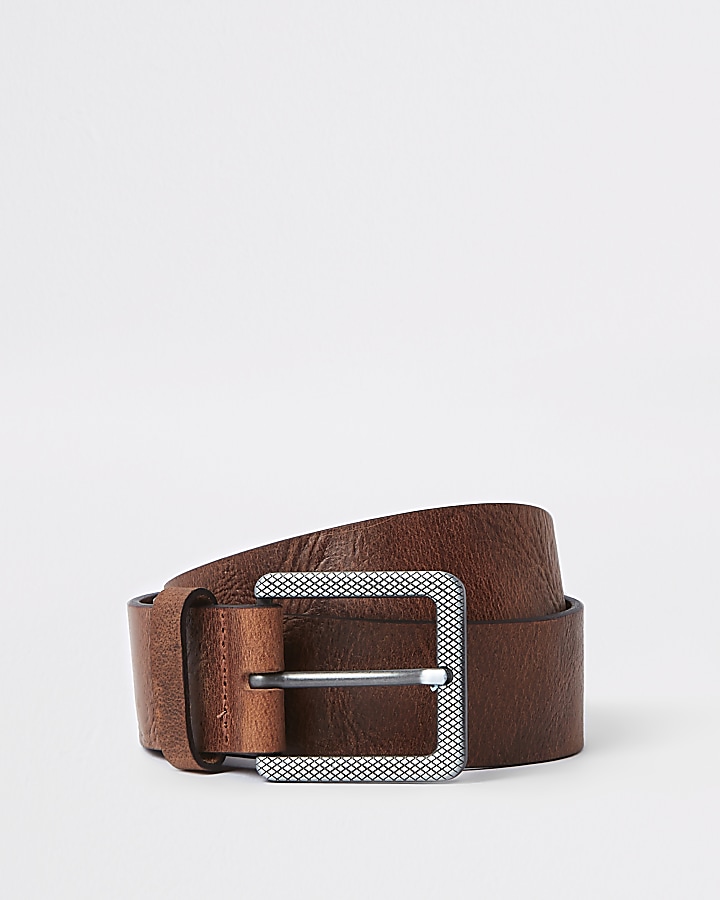 Brown textured square buckle jeans belt