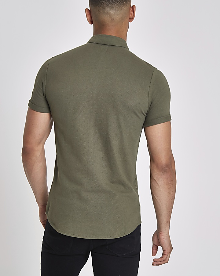 Khaki pique short sleeve muscle fit shirt