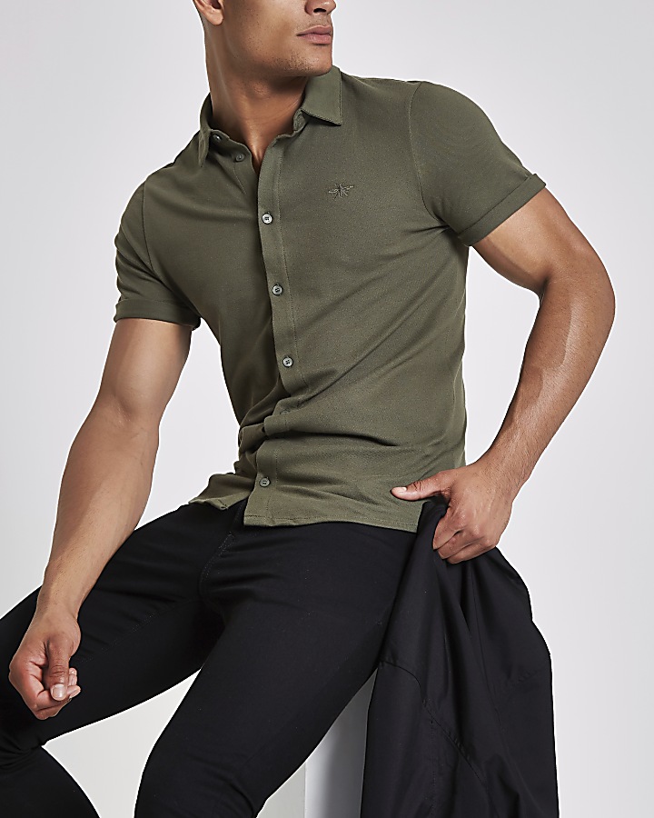 Khaki pique short sleeve muscle fit shirt