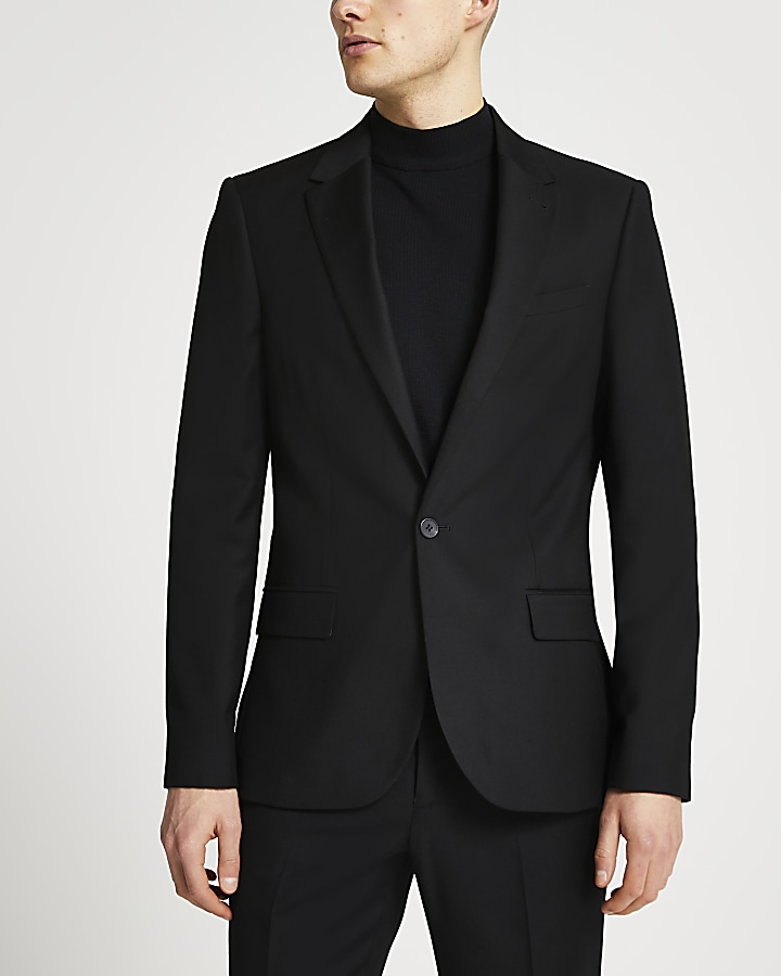 Black skinny fit twill suit jacket