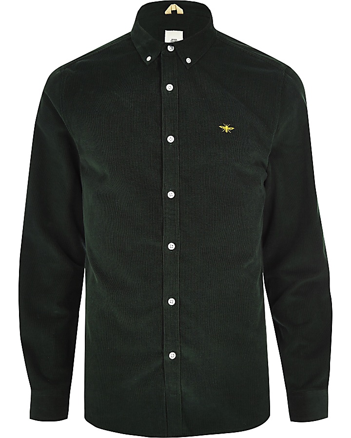 Dark green cord long sleeve button-down shirt
