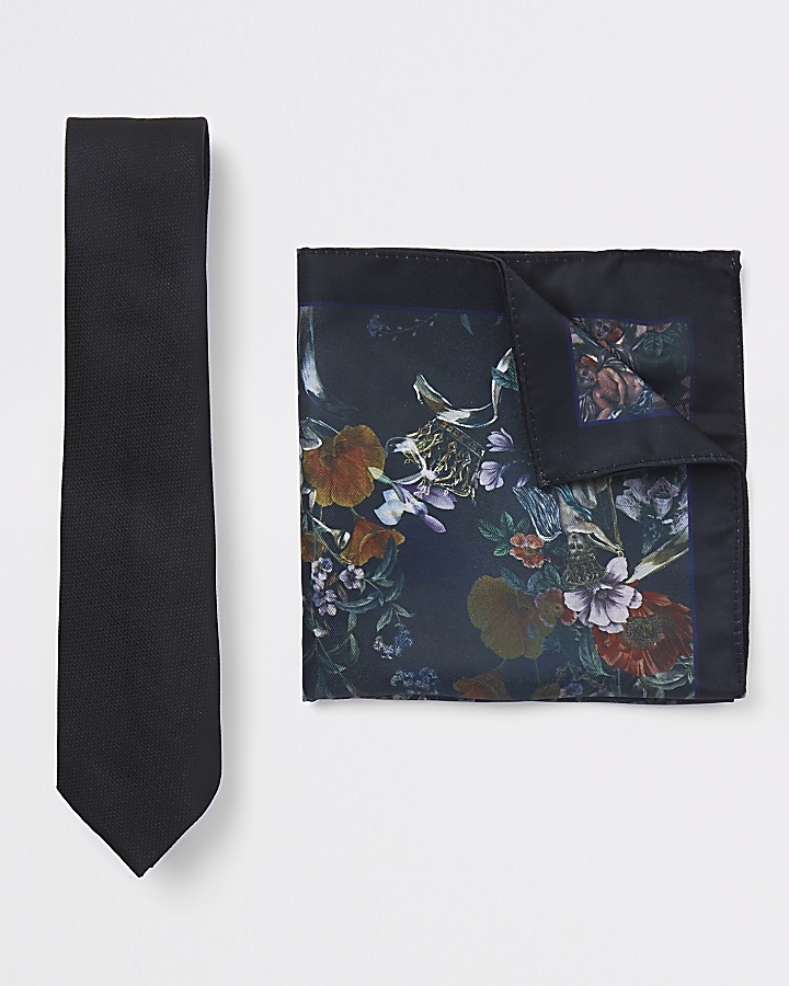 Black tie and floral pocket square set