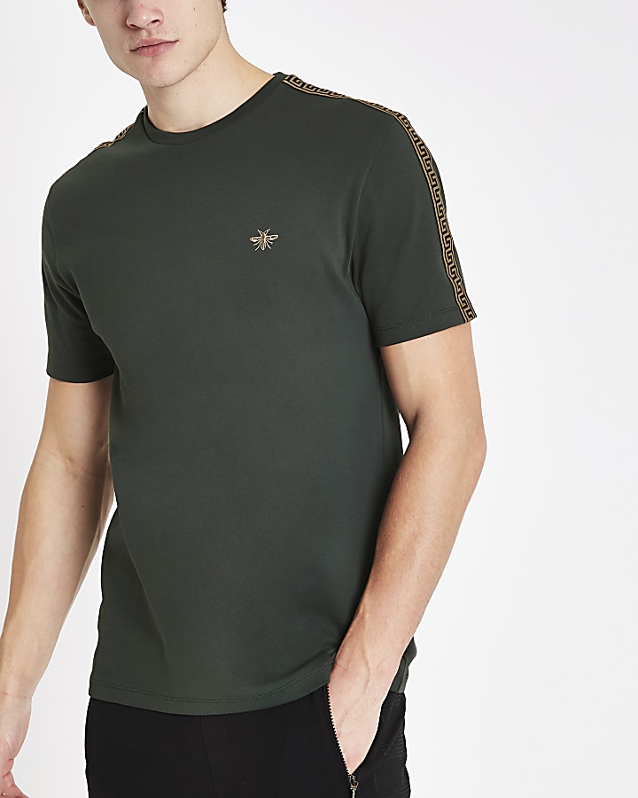 Dark green slim fit Luxe tape side T-shirt