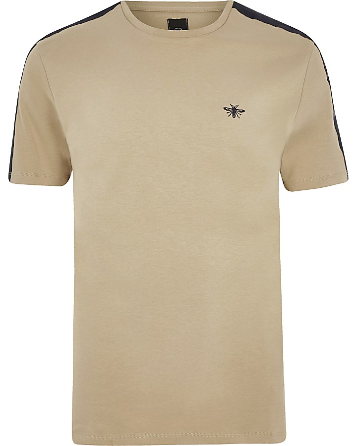 Brown slim fit wasp embroidered tape T-shirt