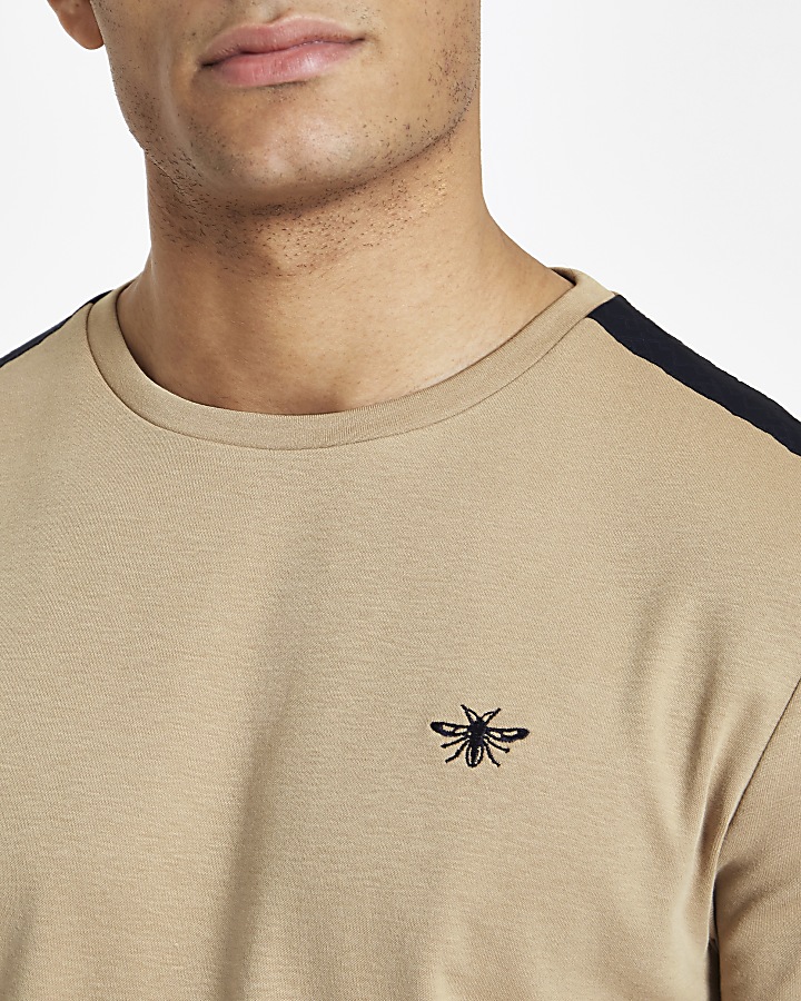 Brown slim fit wasp embroidered tape T-shirt