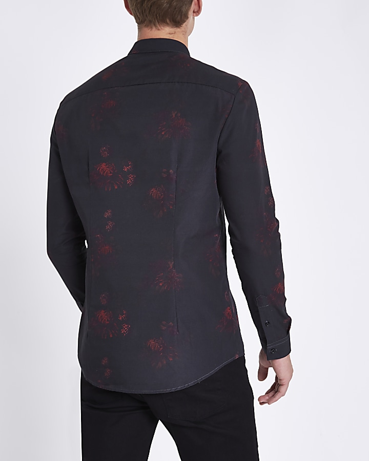 Black poplin floral button long sleeve shirt