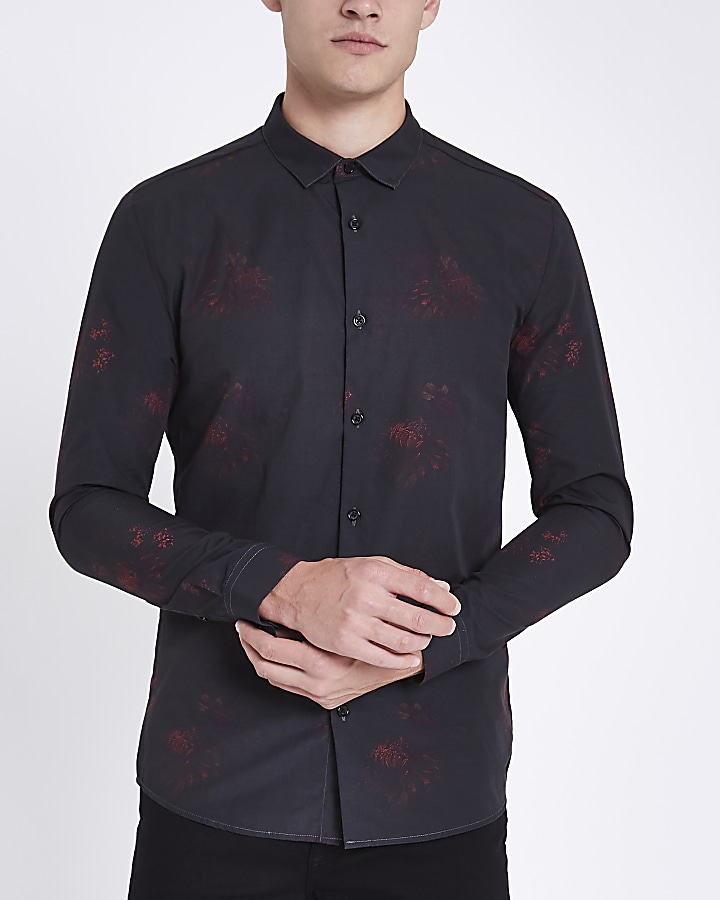 Black poplin floral button long sleeve shirt