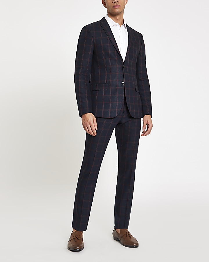 Navy check skinny suit trousers