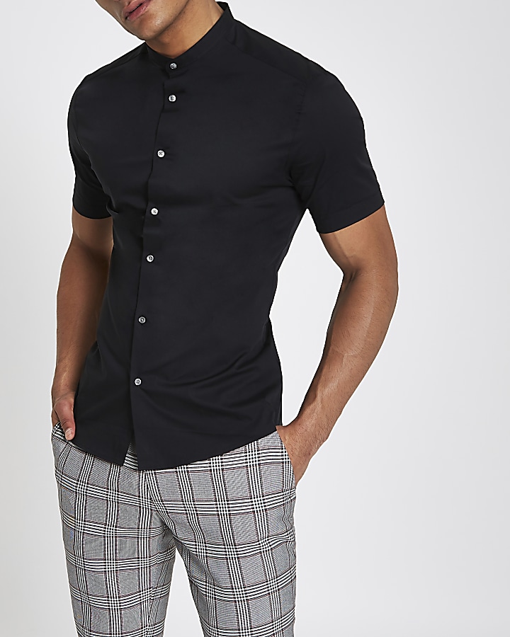 Black poplin grandad collar muscle fit shirt