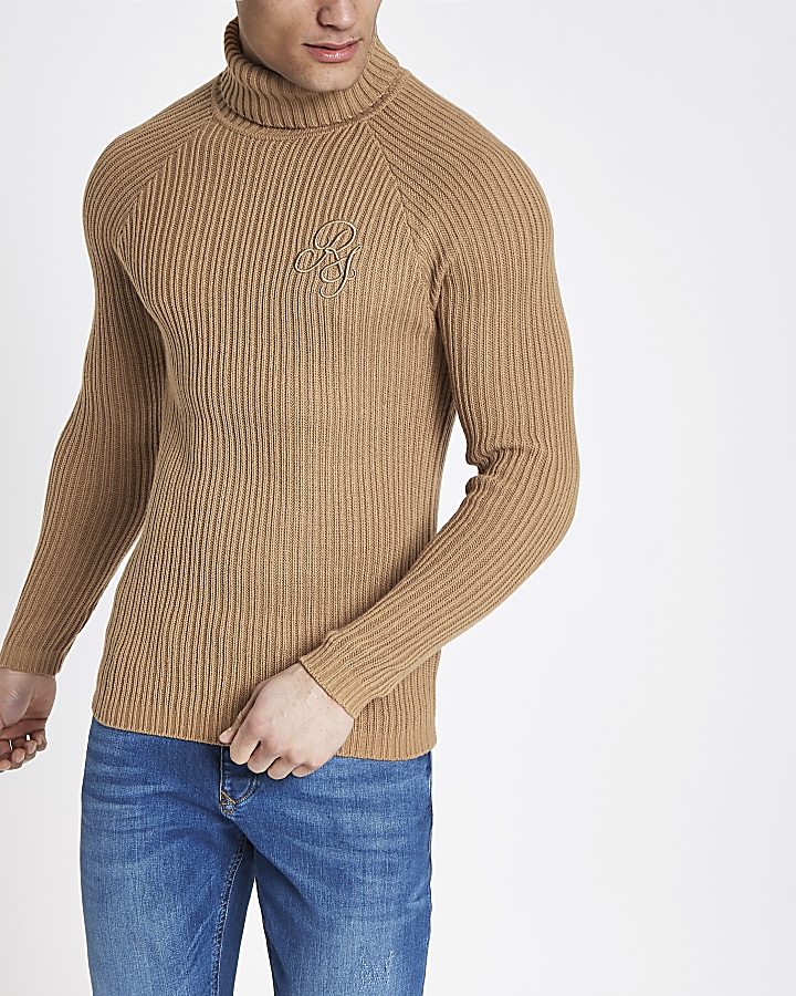 Brown muscle fit rib roll neck jumper