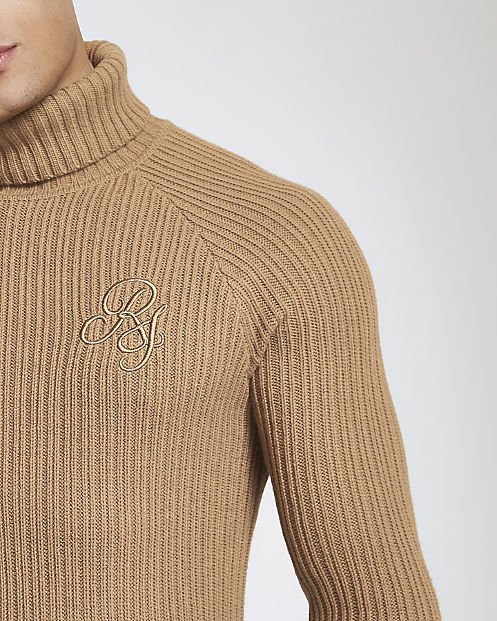 Brown muscle fit rib roll neck jumper